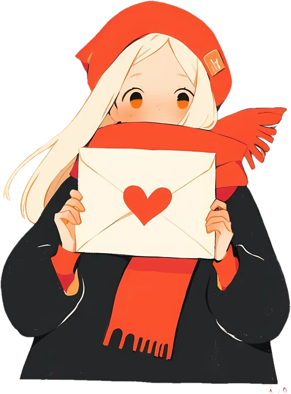 A girl in a red scarf holding a sealed heart letter
