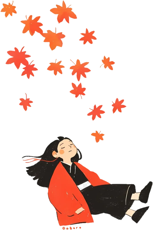 A girl resting under falling autumn leaves